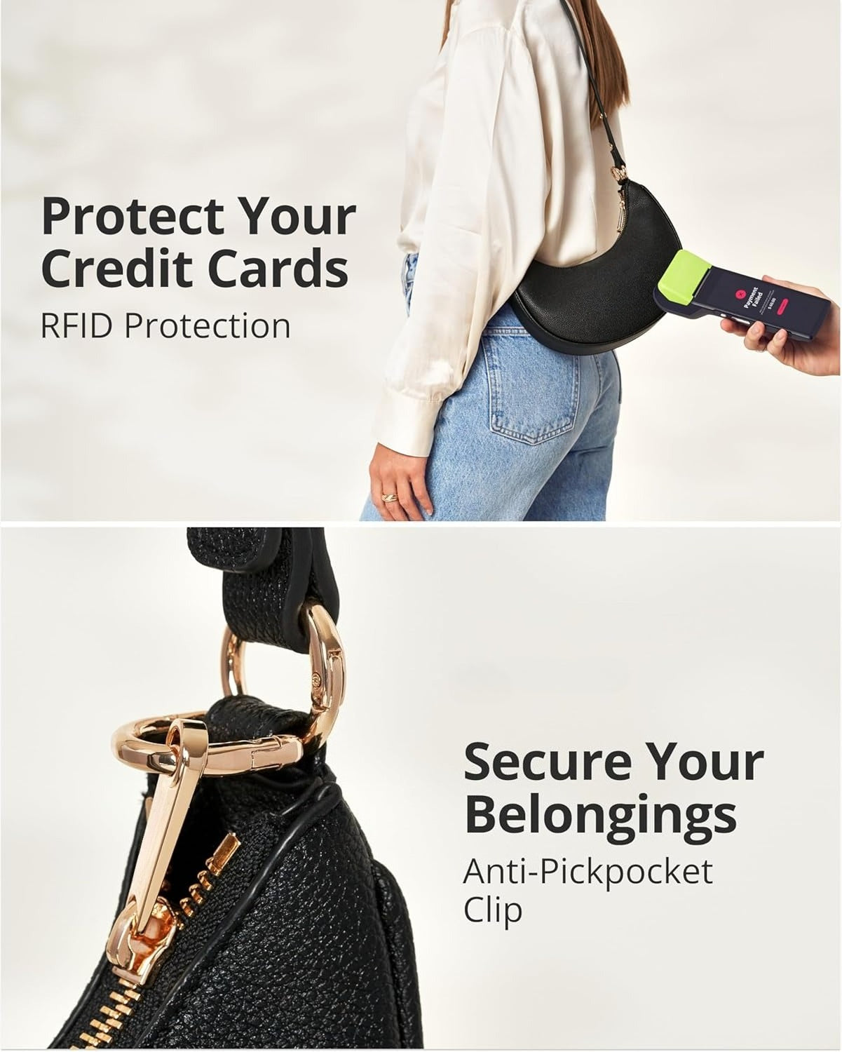 Crescent Bags For Women with RFID Protection,  with Anti-Theft Clip for Extra Safety