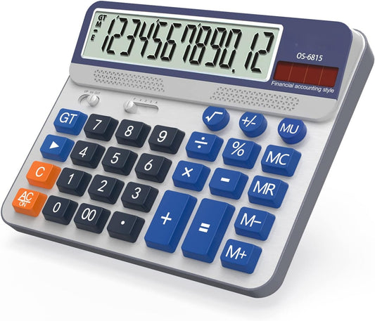 OMOMMD Desktop Calculator Extra Large 5-Inch LCD Display 12-Digit Big Number Accounting Calculator with Giant Response Button, Battery & Solar Powered, Perfect for Office Business Home Daily Use(OS-6815)