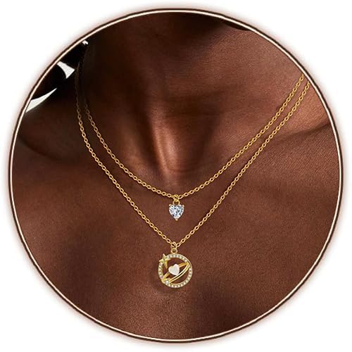 14K Gold & Platinum Plated Double Layer Pendant Necklace, Fashionable Layered Jewelry for Women