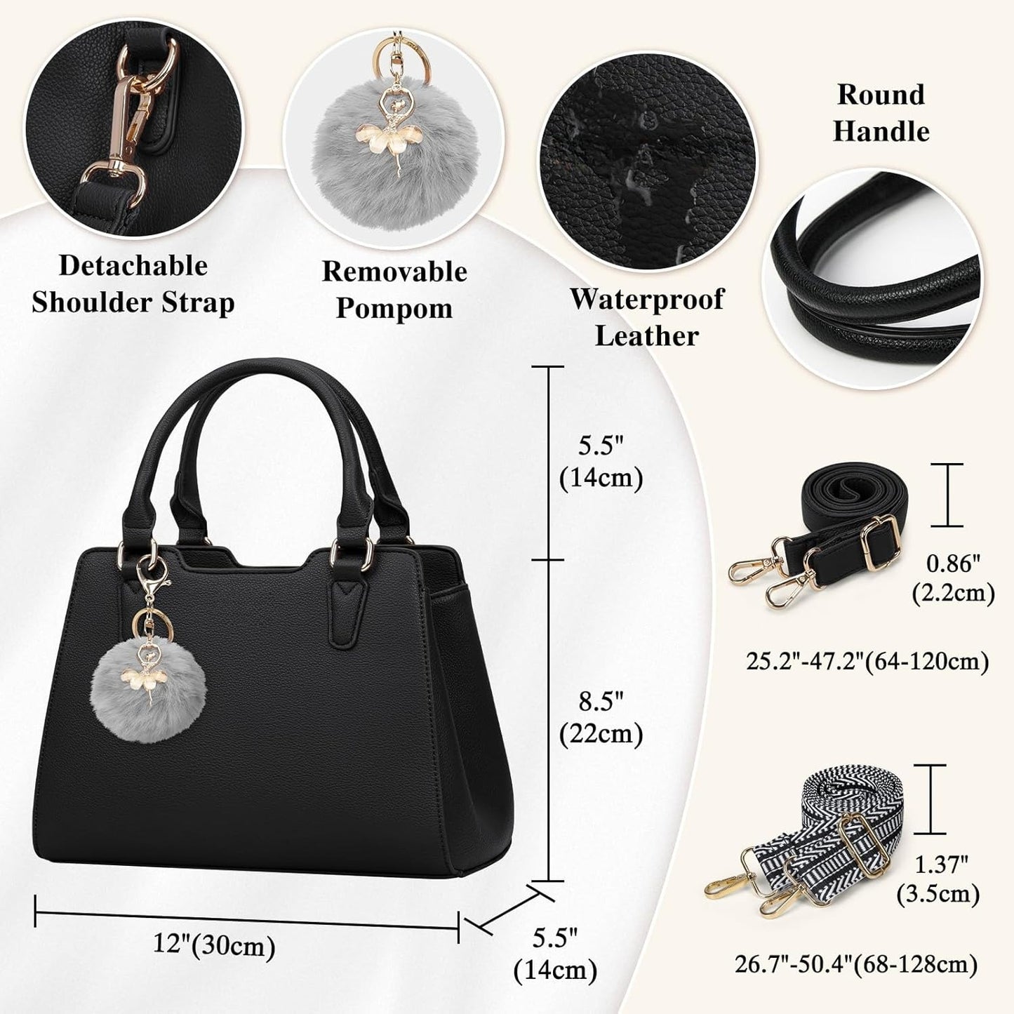 Women's Top Handle Tote Bag PU Faux Leather Shoulder Bag Women's Wallet Handbag with Cute Pom Pom