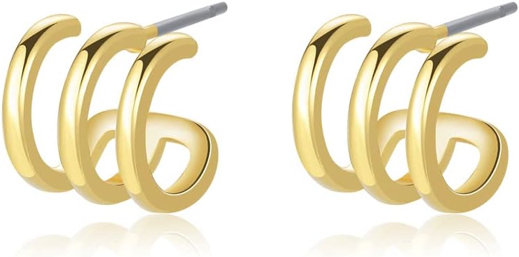 14K Gold Plated Triple Huggie Illusion Stud Earrings | Double Huggie Hoop Earrings for One Hole | Gold Hoop Earrings for Women