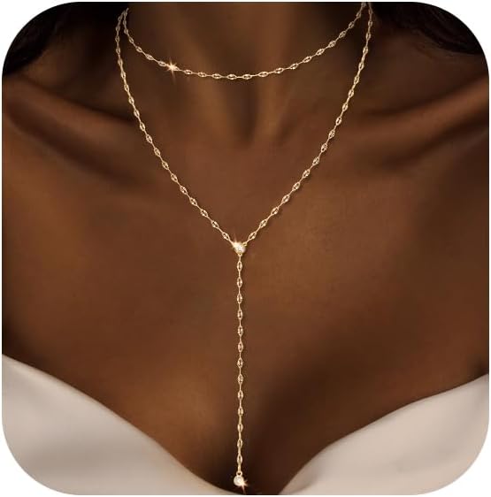 Dainty Y-Shaped Pendant Necklace: 14k Gold Plated/Silver Beaded Chain, Trendy Long Lariat for Women