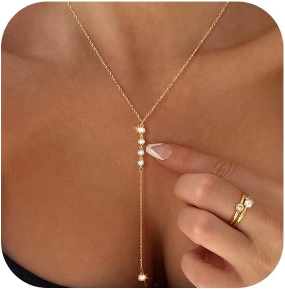 Lariat Gold Necklace for Women: Dainty 14K Gold Plated/Silver Y-Shaped Beaded Drop Chain, Trendy Gift