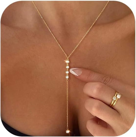 Lariat Gold Necklace for Women: Dainty 14K Gold Plated/Silver Y-Shaped Beaded Drop Chain, Trendy Gift