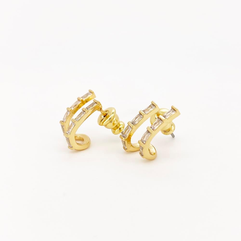 14K Gold Plated Triple Huggie Illusion Stud Earrings | Double Huggie Hoop Earrings for One Hole | Gold Hoop Earrings for Women
