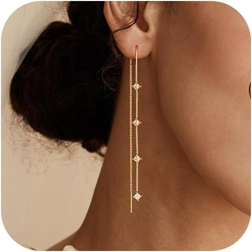 Dangle Threader Earrings for Women: Dainty 14k Gold Plated Drop Long Chain Earrings Trendy  Non Tarnish Elegant Cubic
