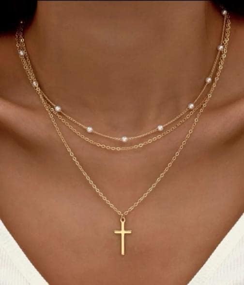 14K Gold Plated Layered Necklace Set, Dainty Pearl Cross & Multi-Chain Design (Cuban/Figaro/Herringbone), Trendy Women’s Jewelry Gift
