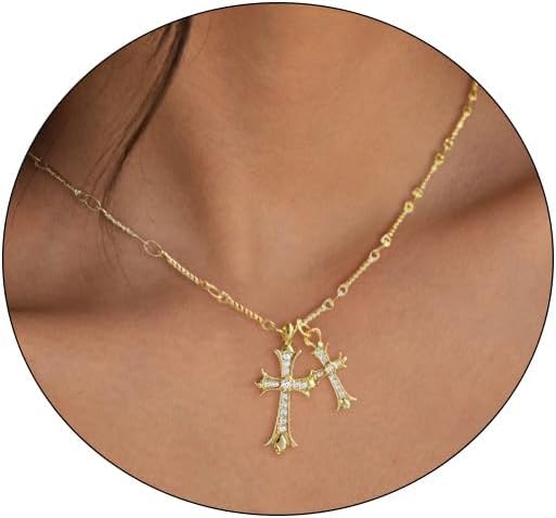 "14K Gold/Silver Plated Double Cross Necklace, Dainty Diamond Cross Pendant Chain, Delicate Faith Jewelry Gift for Women"