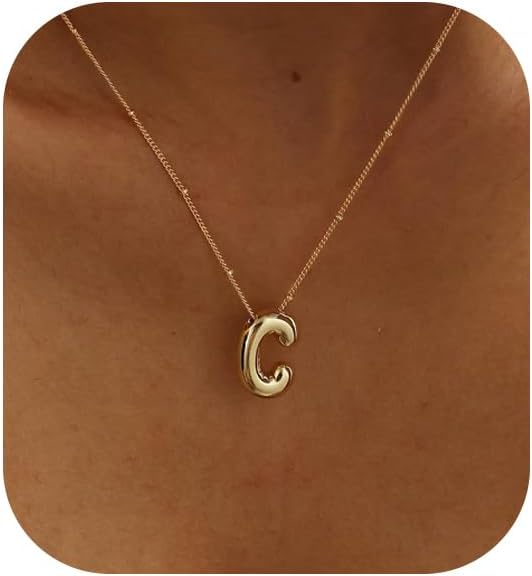 Bubble Gold Letter Necklace, 14k Gold Plated Balloon Initial Pendant, Dainty Chunky Custom Name Necklace for Women