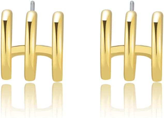 14K Gold Plated Triple Huggie Illusion Stud Earrings | Double Huggie Hoop Earrings for One Hole | Gold Hoop Earrings for Women