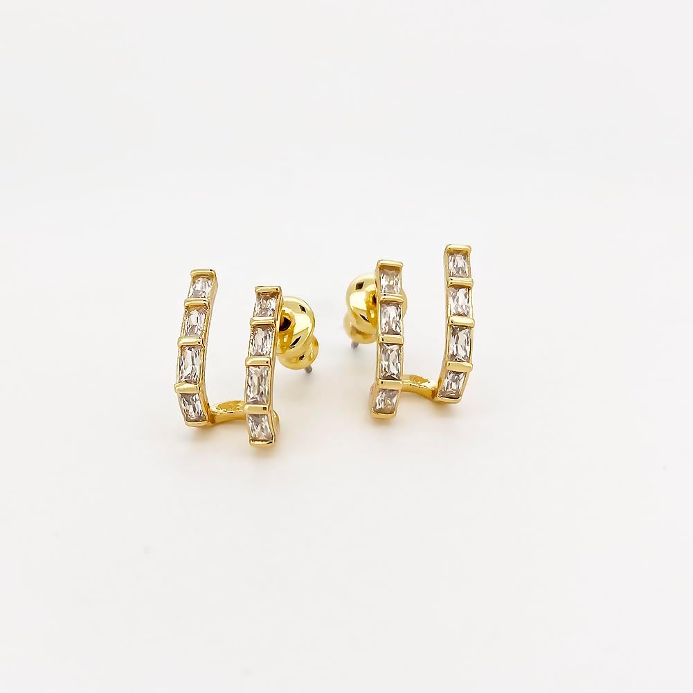 14K Gold Plated Triple Huggie Illusion Stud Earrings | Double Huggie Hoop Earrings for One Hole | Gold Hoop Earrings for Women