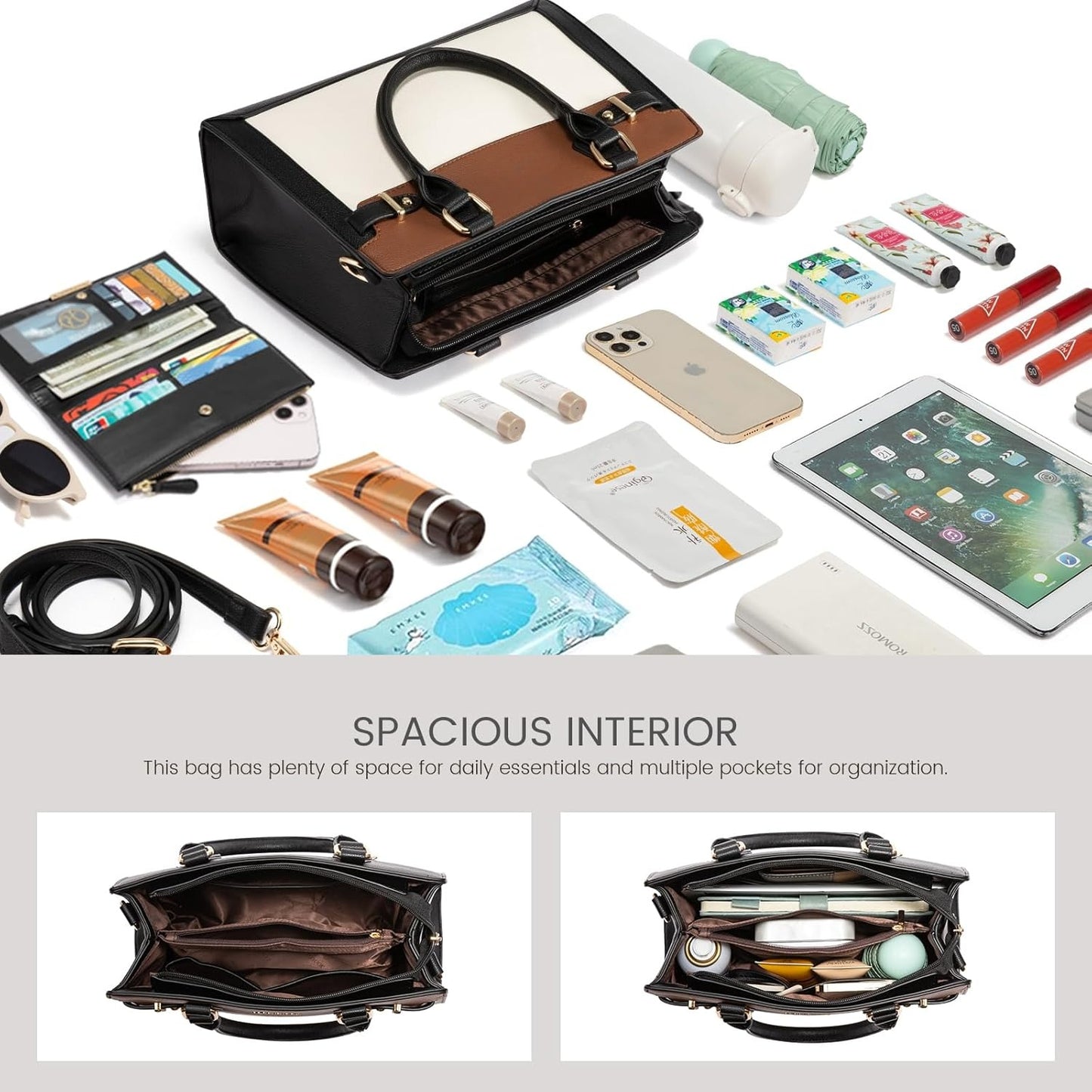 Handbags for Women, Tote Shoulder Bag Satchel Black Purse and PU Leather Top Handle for ladies