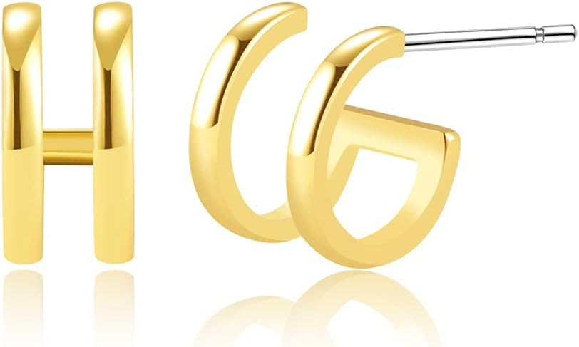 14K Gold Plated Triple Huggie Illusion Stud Earrings | Double Huggie Hoop Earrings for One Hole | Gold Hoop Earrings for Women