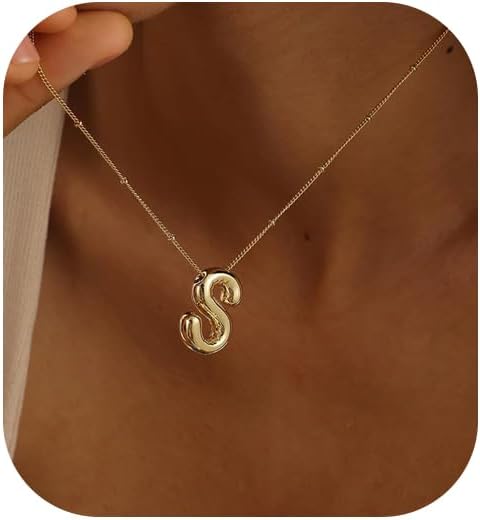 Bubble Gold Letter Necklace, 14k Gold Plated Balloon Initial Pendant, Dainty Chunky Custom Name Necklace for Women