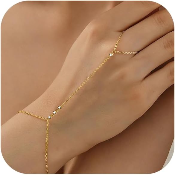Bracelets for Women 14K Gold Silver Plated Ring Bracelet Hand Chain Dainty Evil Eye Heart Clover Daisy Cubic Zirconia