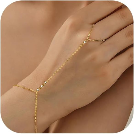 Bracelets for Women 14K Gold Silver Plated Ring Bracelet Hand Chain Dainty Evil Eye Heart Clover Daisy Cubic Zirconia