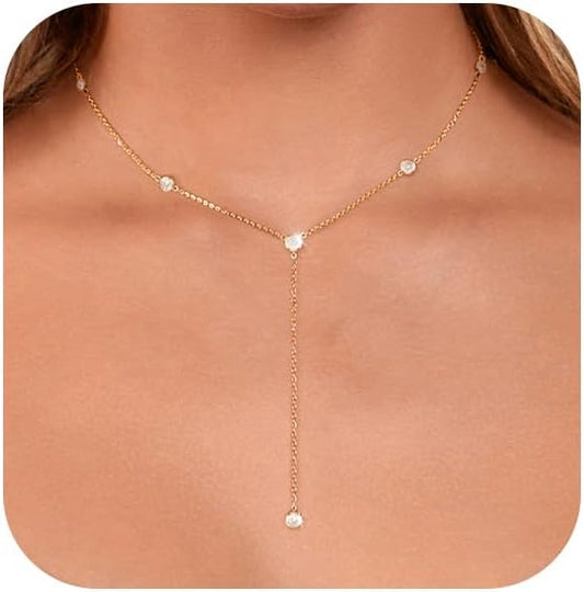 Lariat Gold Necklace for Women: Dainty 14K Gold Plated/Silver Y-Shaped Beaded Drop Chain, Trendy Gift