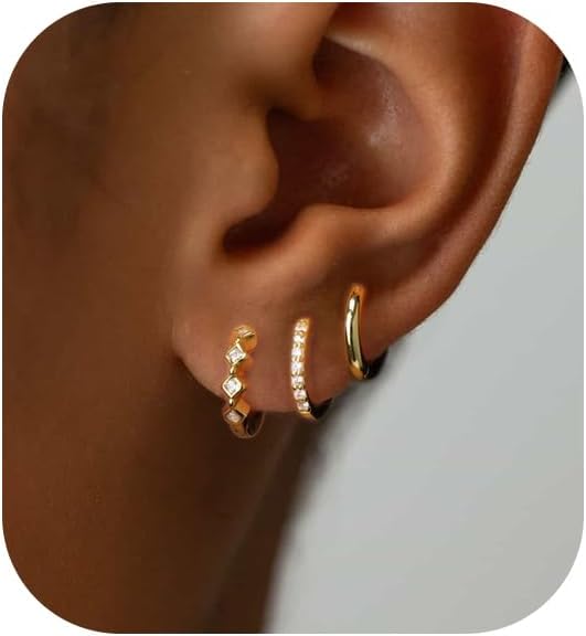 Gold Earrings for Women, 14k Gold Plated Dangle Huggie Earrings for Women Trendy Dainty Gold Hoop Earring Stacks
