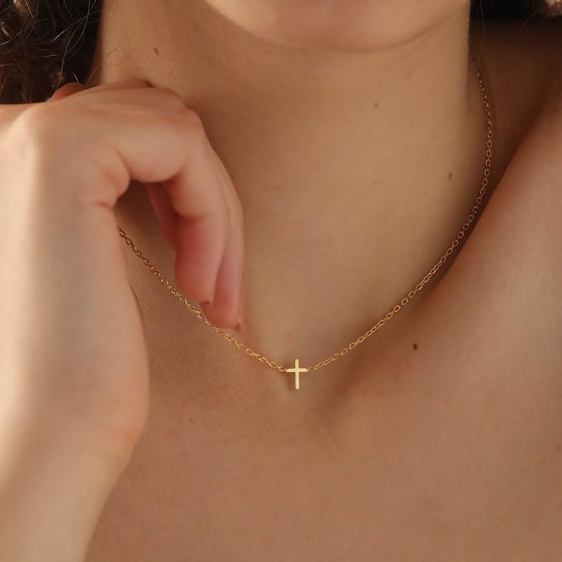 14K Gold/Silver Cross Necklace, Minimalist Dainty Pendant Chain, Everyday Religious Jewelry Gift for Women