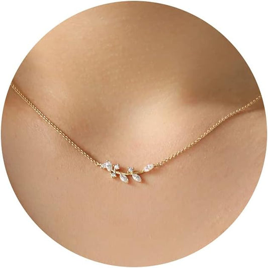 14K Gold Plated Pendant Necklace, Dainty Tiny Love Heart Star CZ Leaf Charm, Delicate Everyday Jewelry for Women