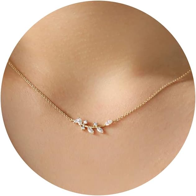 Dainty Gold Necklace: 14K Gold Plated Tiny Love/Heart/Star/CZ/Leaf Pendant for Women, Everyday Jewelry