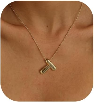 Bubble Initial Necklace; 14K Gold Plated Balloon Letter Pendant; Custom Name Jewelry; Trendy Chunky Gift for Women
