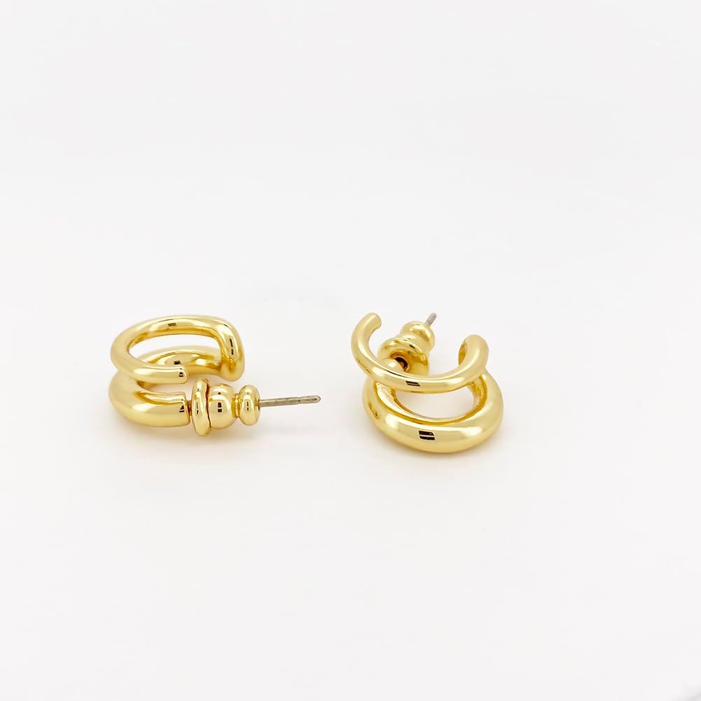 14K Gold Plated Triple Huggie Illusion Stud Earrings | Double Huggie Hoop Earrings for One Hole | Gold Hoop Earrings for Women