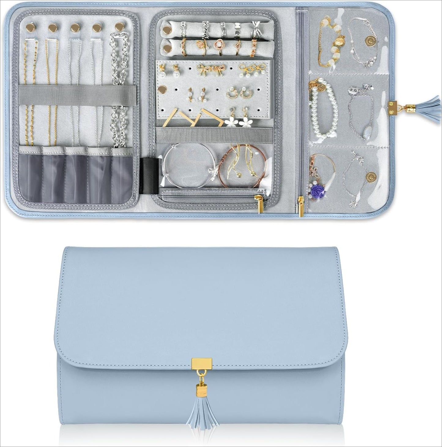 Jewelry Travel Organizer , Portable Leather Jewelry Storage Roll Bag Envelope Clutch