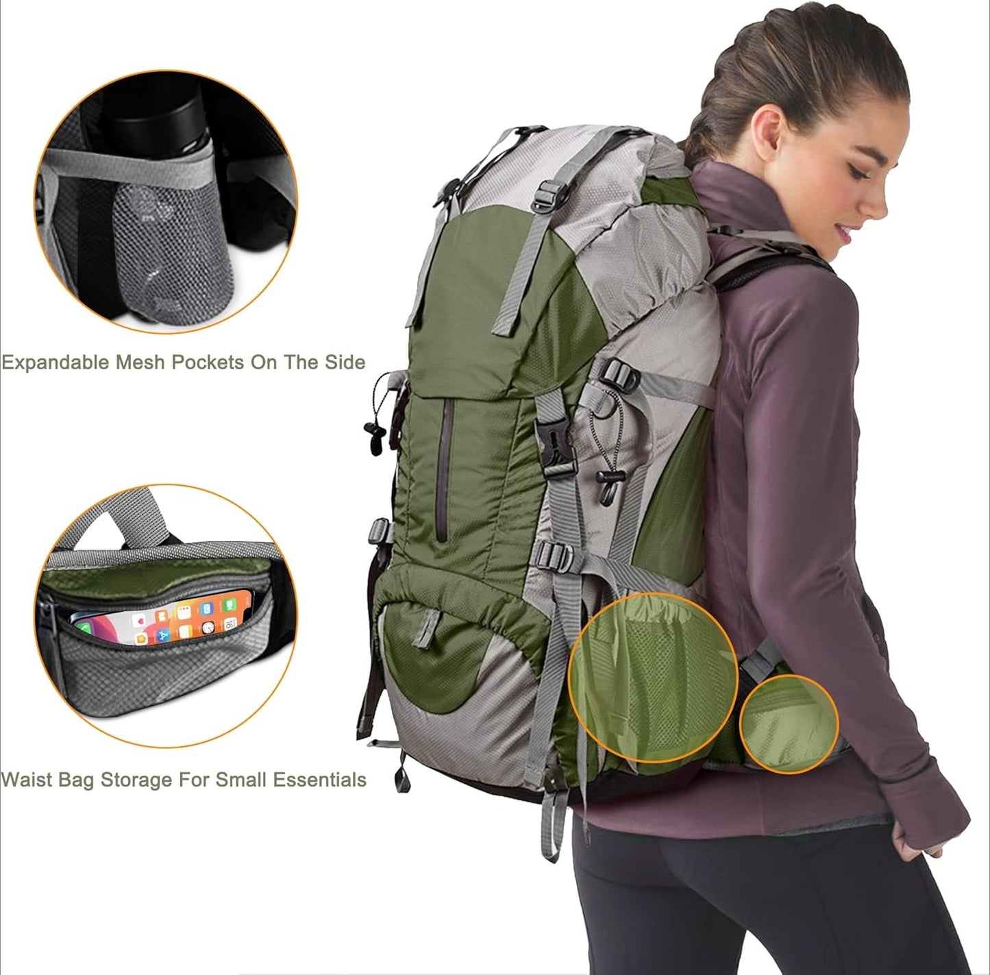 50L Hiking Backpack, Waterproof Camping Essentials Bag with Rain Cover, 45+5 Liter Lightweight Backpacking