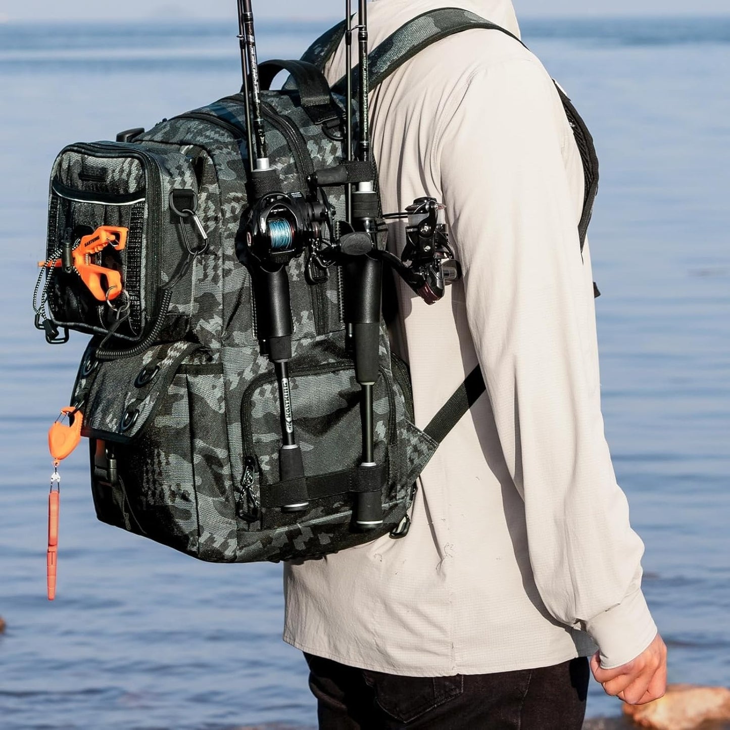 50L Fishing Tackle Backpack with Removable Bait Binder,2 Rod Holders Storage Fishing Gear and Equipment