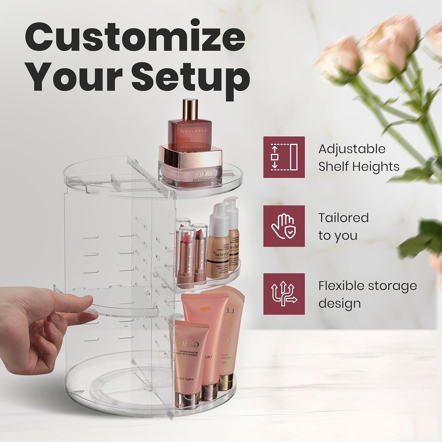 360 Rotating Makeup Organizer Countertop - Adjustable Shelf Height Countertop Storage