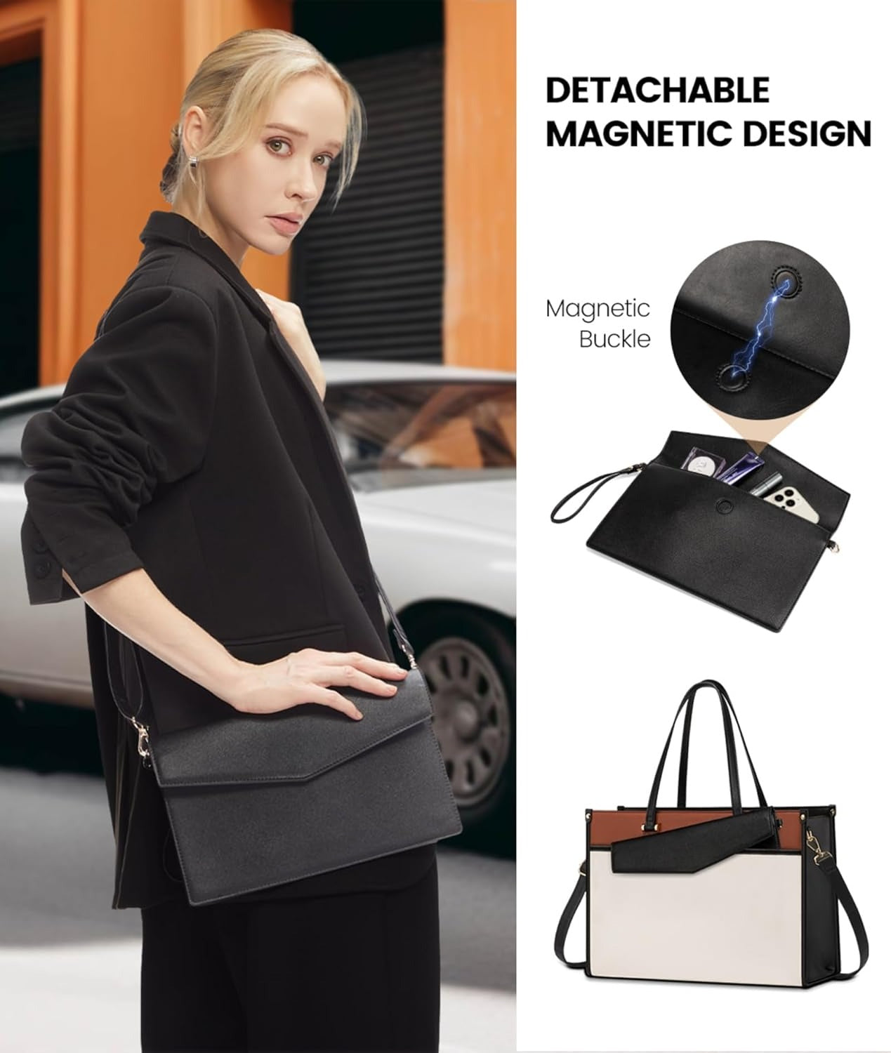 15.6'' Laptop Tote Purse 2-in-1 Professional Business Briefcase with Clutch Purse, Waterproof Leather