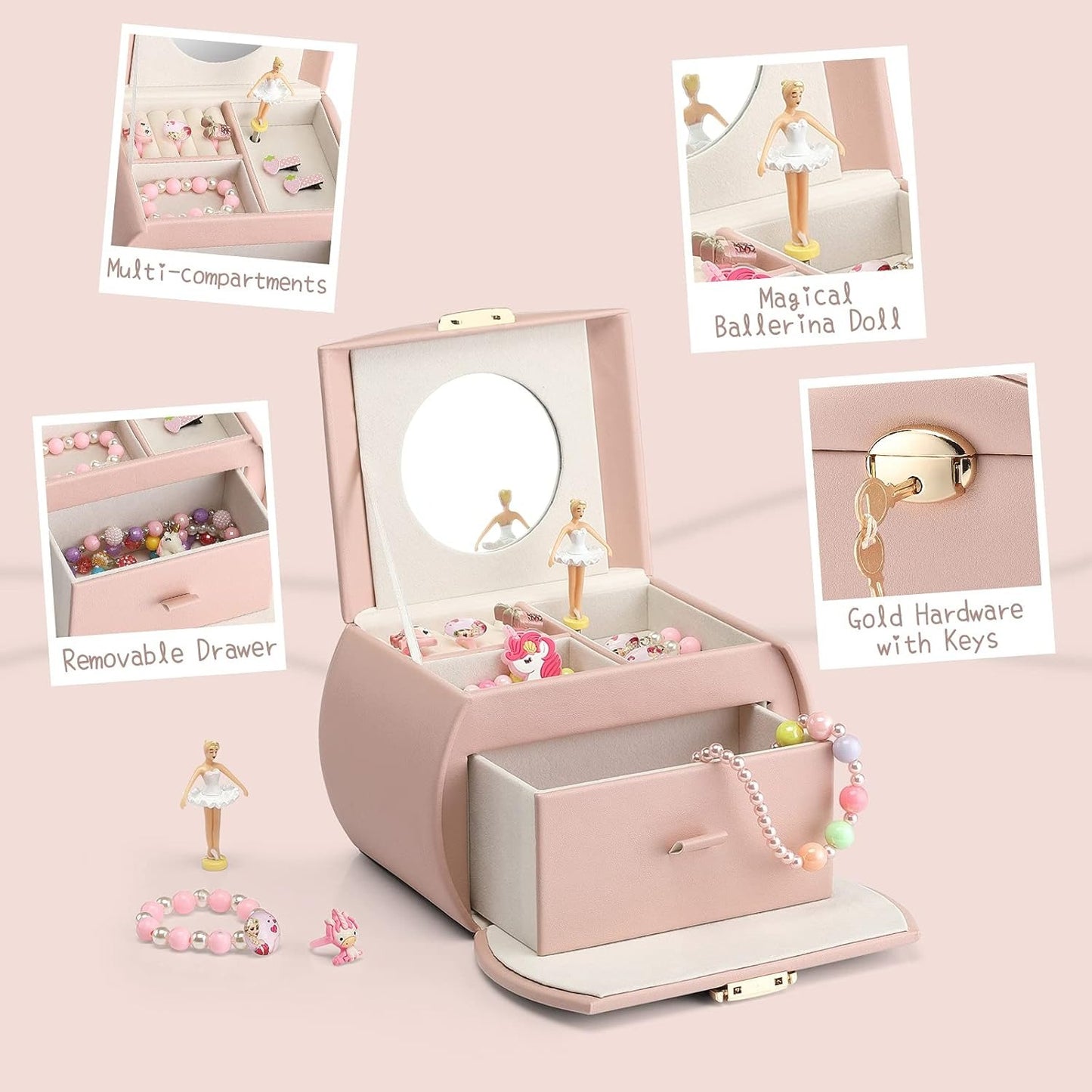 Jewelry Box for Girls with Drawer, Music Box with Ballerina and Stickers for Birthday Bedroom Decor
