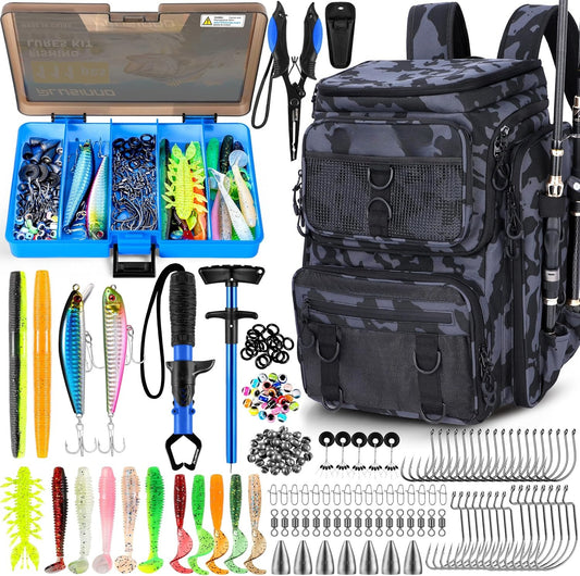 Fishing Backpack with Rod Holders Tackle Box, 42L Large Water-resistant Fishing Tackle Bag Store Fishing Gear