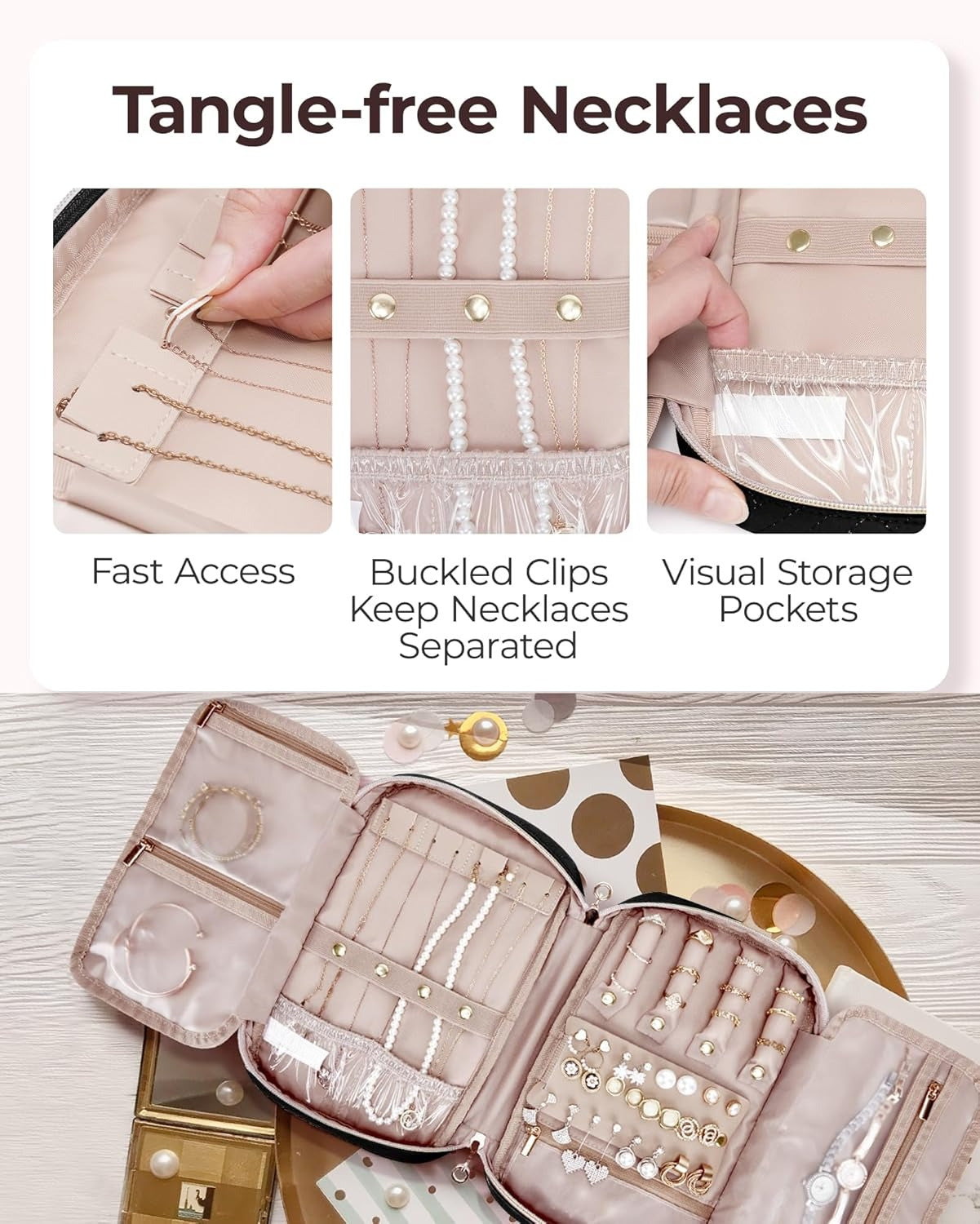 Jewelry Organizer Bag Travel Jewelry Storage Cases for Necklace, Earrings, Rings, Bracelet, Black