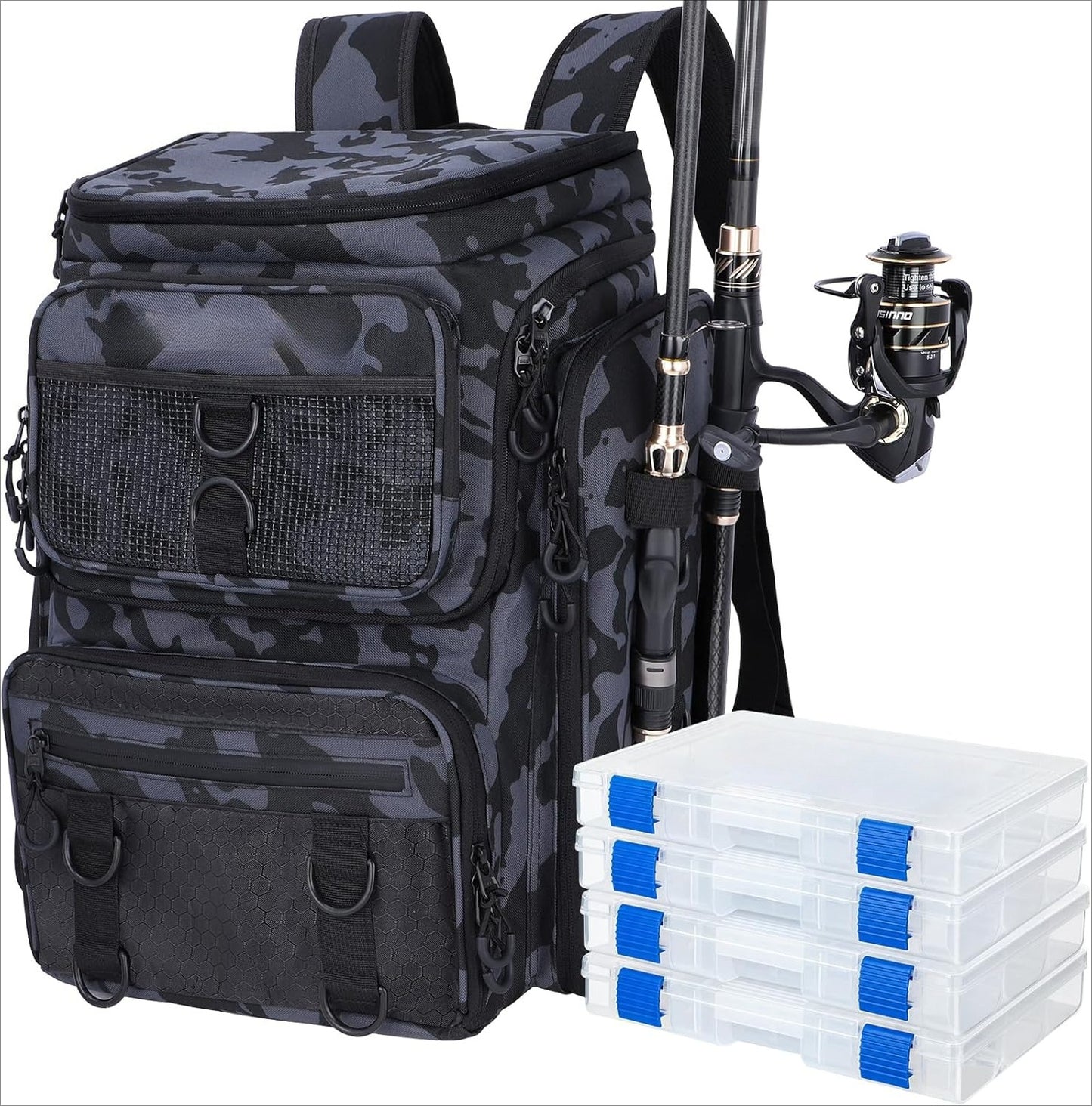 Fishing Backpack with Rod Holders Tackle Box, 42L Large Water-resistant Fishing Tackle Bag Store Fishing Gear