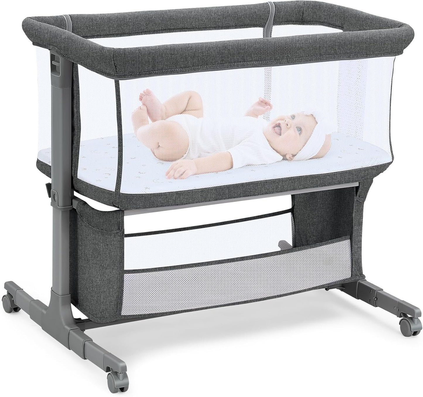 Adjustable 7 Heights and All Mesh Sides,Bedside Bassinet for Baby, Portable Baby Bassinet Bedside Sleeper