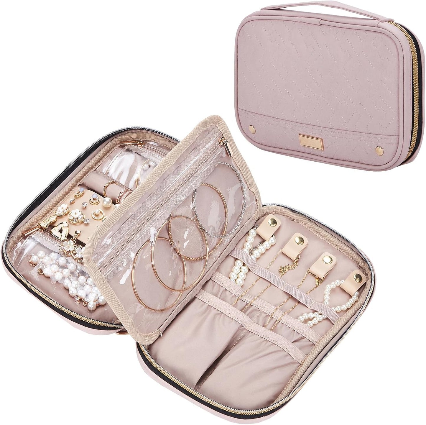 Travel Jewelry Case, Holiday Organizer for Necklaces, Earrings, Rings, Bracelets, Watch, Pink