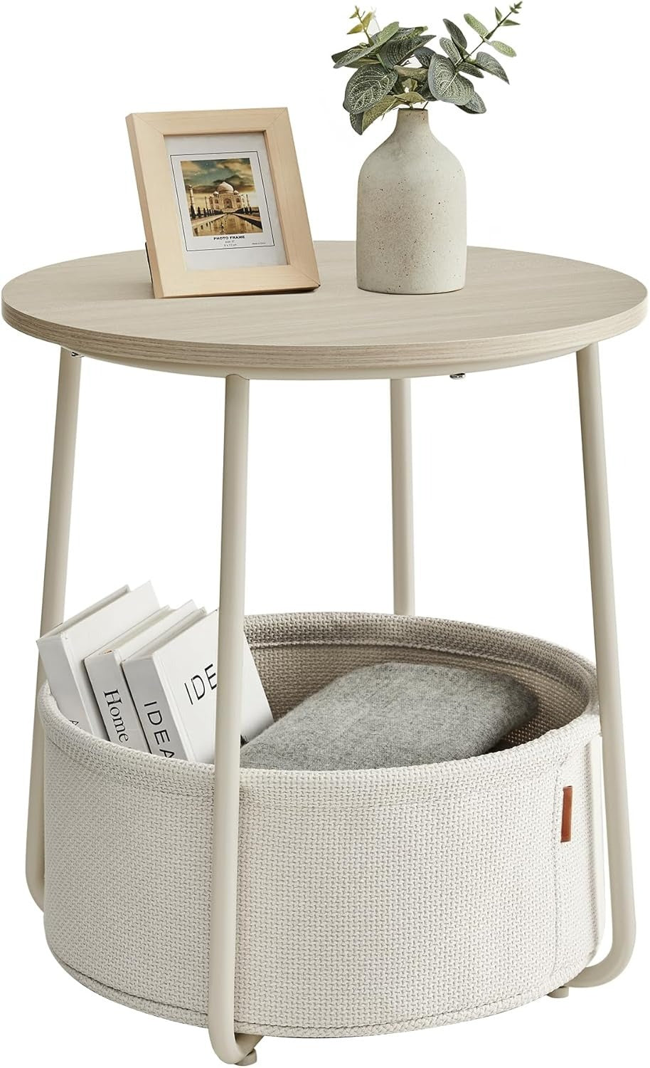 Small Round Side End Table, Modern Nightstand with Fabric Basket