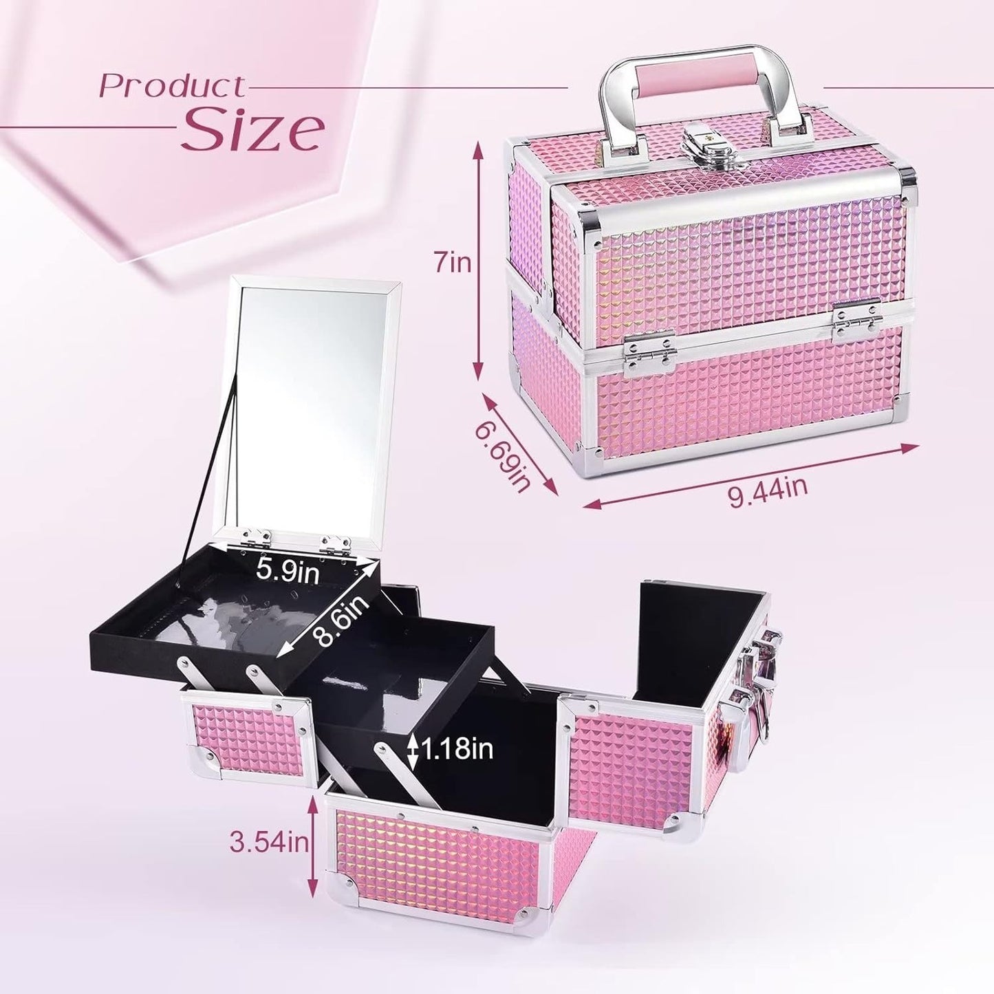 Makeup Organizer Portable Cosmetic Box Storage with 2 Trays Mirror Locking Make Up Travel Case