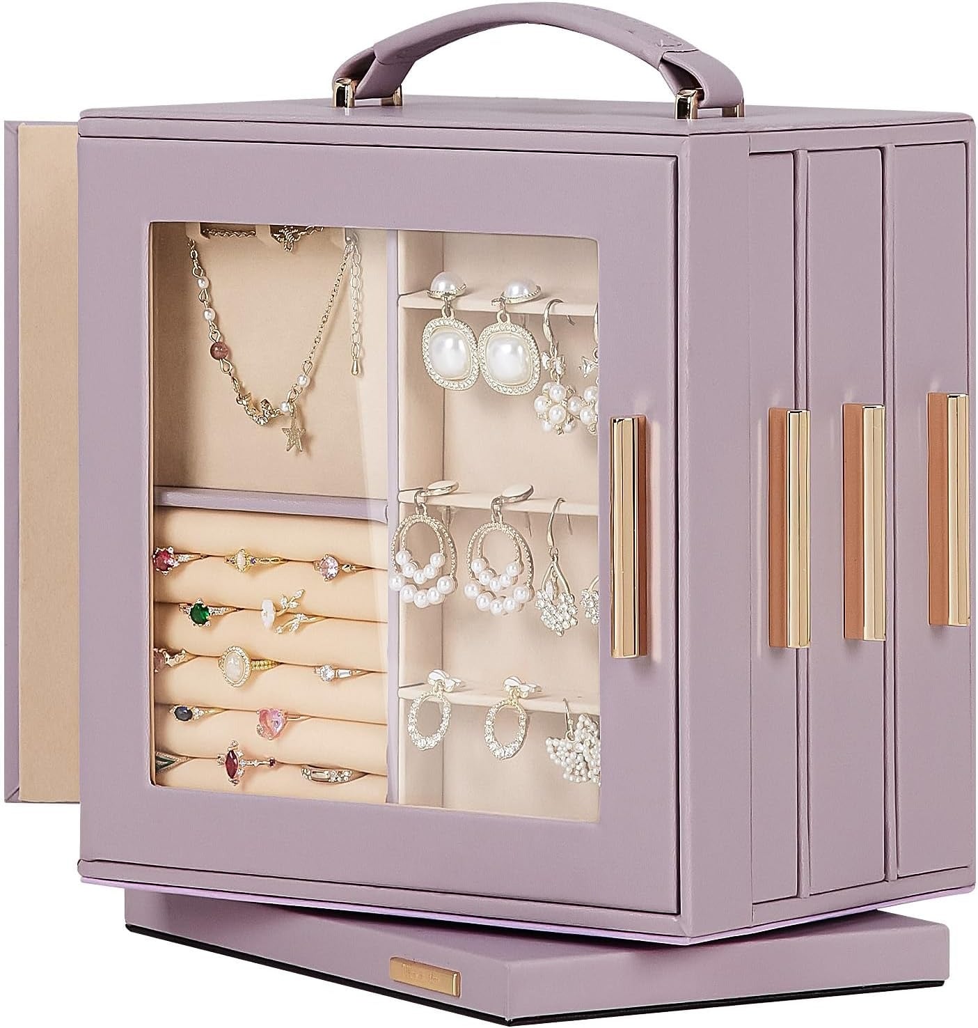 Jewelry Box 360° Rotating, Necklace Earring Organizer with Transparent Window, Mirror, 7 Drawers