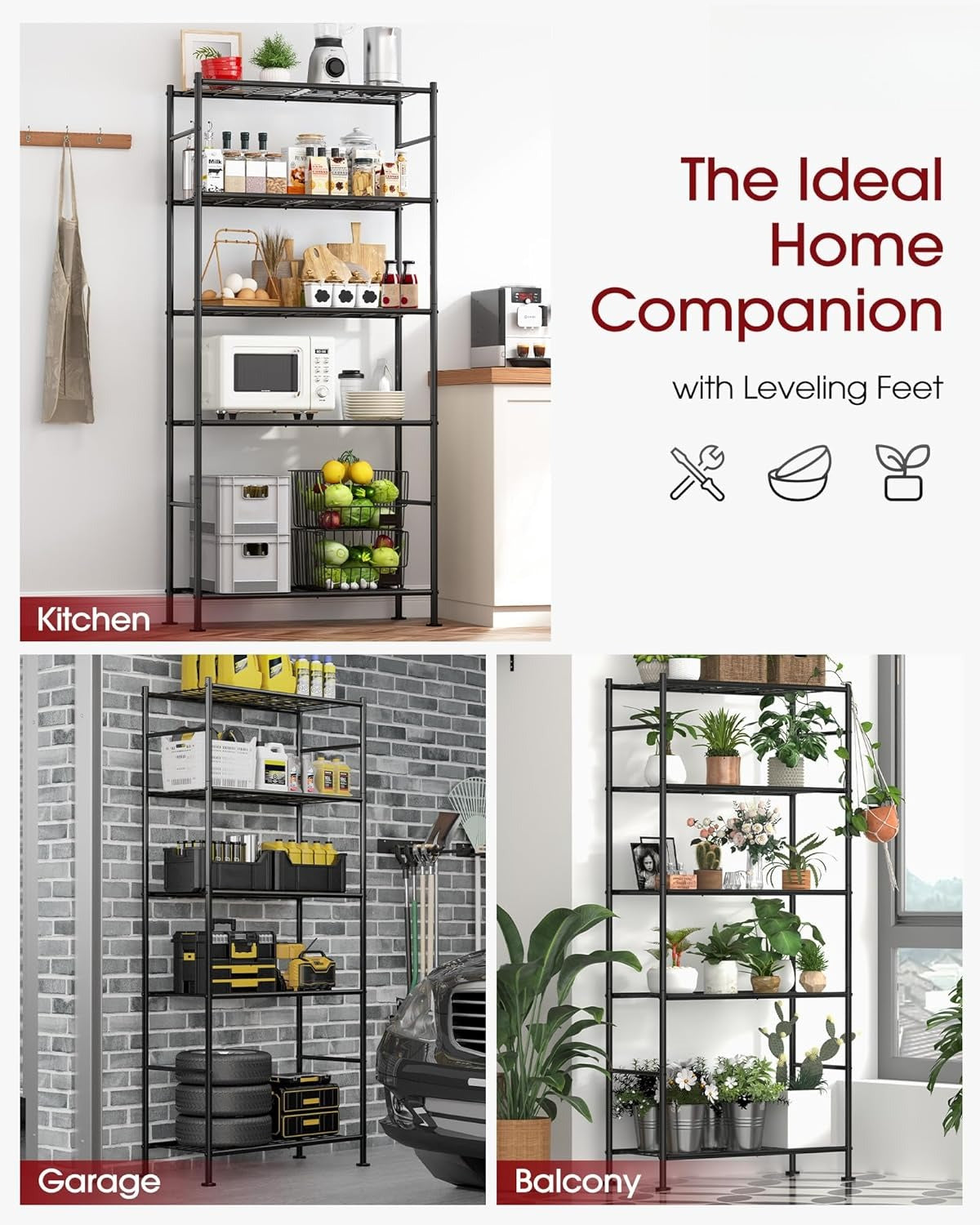 Storage Shelves Organizer - 5 Tier Metal Shelf Organizer with Metal Wheels and Adjustable Leveling Feet
