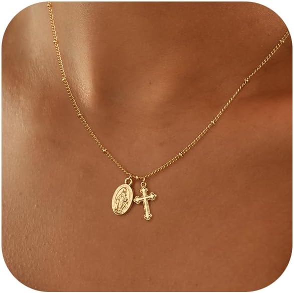 Dainty Small Cross Necklace, 14K Gold Silver Plated Religious Pendant Charm, Baptism Easter Faith Jewelry Gift for Women