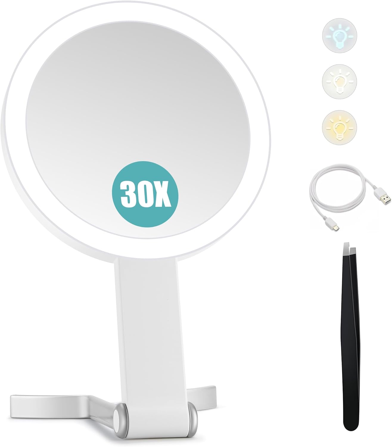 with Light, Double-Sided 1X/ 30X Magnifying Makeup Mirror with Tweezer，Foldable Travel Mirror
