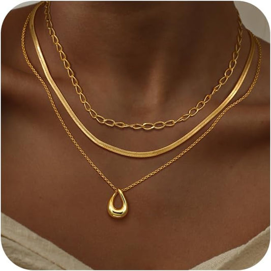 "14K Gold/Silver Plated 3Pcs Layered Necklace Set, Dainty Herringbone Choker & Chain, Trendy Stackable Jewelry for Women"