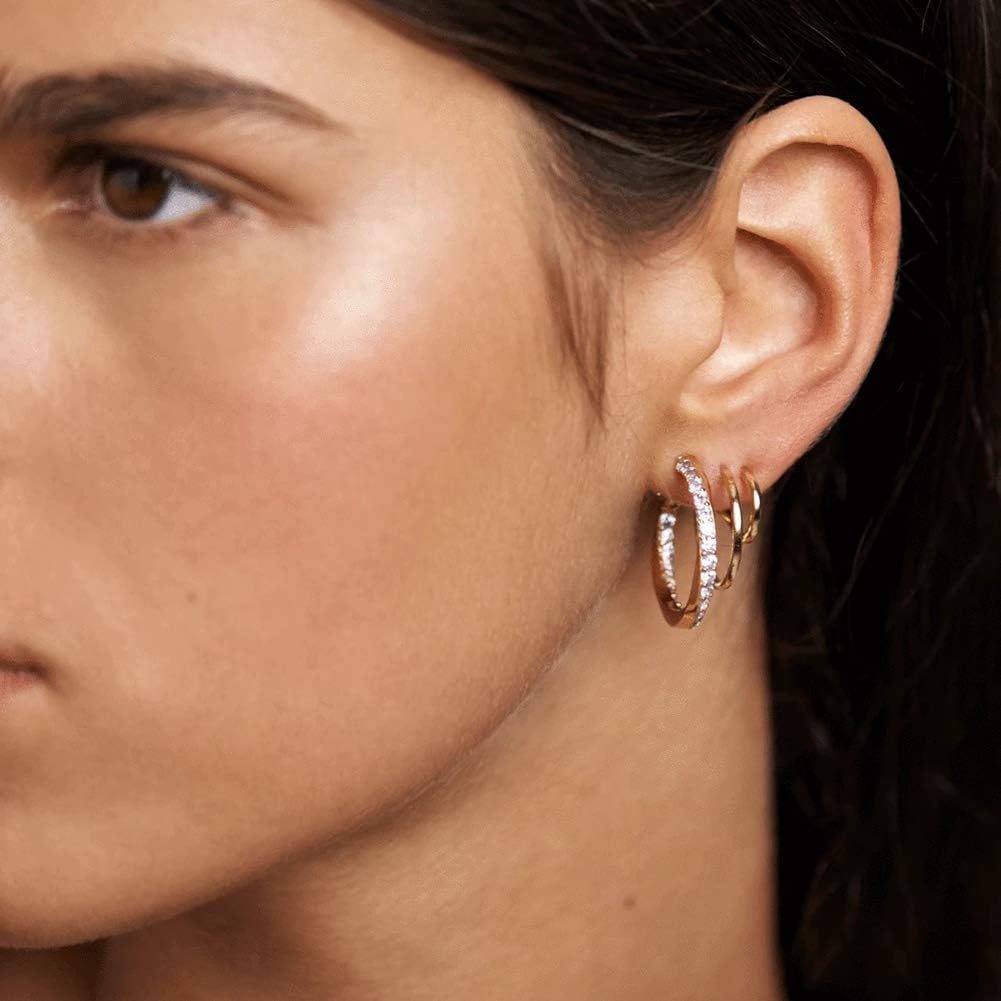 14K Gold Plated Triple Huggie Illusion Stud Earrings | Double Huggie Hoop Earrings for One Hole | Gold Hoop Earrings for Women