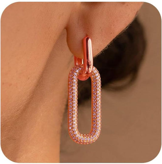Gold Earrings for Women Trendy, Simple Dainty 14K Gold Plated Paperclip Square Chain Link Dangle Pin Stud Huggie Earrings Lightweight