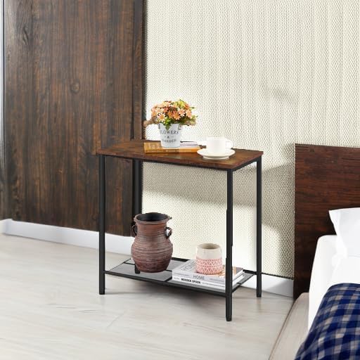2 Tier End Table, Sofa Side Table, Slim Nightstand for Small Spaces, Metal Frame