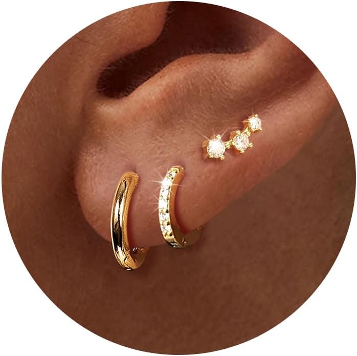 Freekiss 3 Pairs Gold Hoop Earrings Set: Dainty Stud Earrings Trendy Small 14K Gold Plated Hypoallergenic Dangle Cartilage