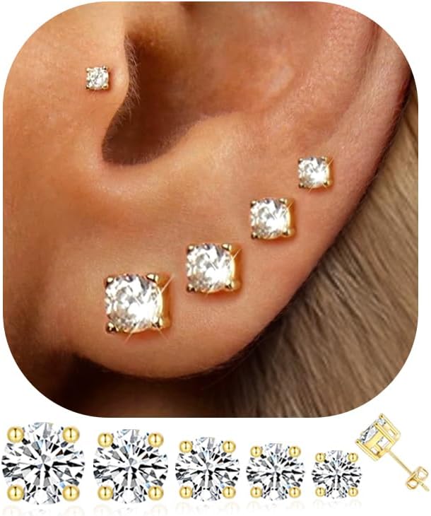 5 Pairs 14K Gold Plated Stud Earrings for Women, Hypoallergenic Earring Sets for Multiple Piercing, Premium Cubic Zirconia Studs
